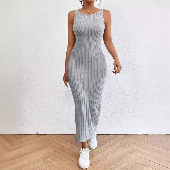 Damen figurbetontes Langarm-Maxikleid mit Rippenstruktur und Rundhalsausschnitt Drune