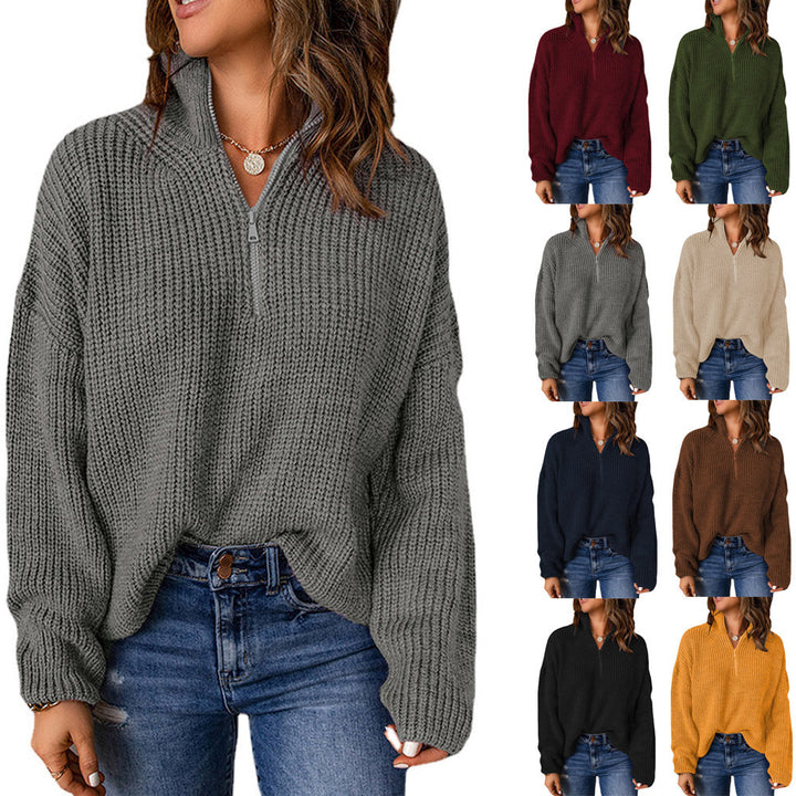 Damen Grober Strickpullover mit Stehkragen und Reißverschluss Drune