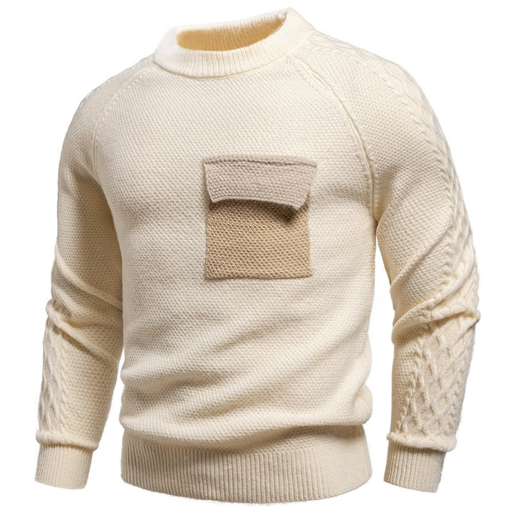 Herren Pullover aus Strukturstrick mit Rundhals, aufgesetzter Brusttasche und Zopfmuster-Ärmeln Drune