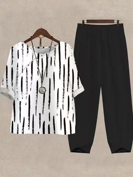 Damen nan weites Shirt mit Pinselstrichmuster, überschnittener Schulter und elastischer Komforthose mit Gummizug Drune