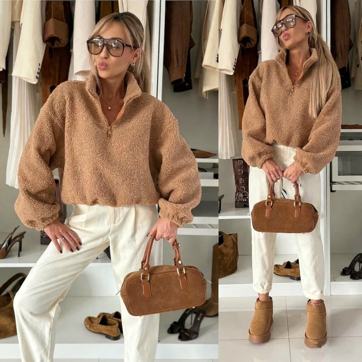 Damen kuscheliger Fleece-Pullover mit hohem Kragen und elastischen Ärmelbündchen Drune