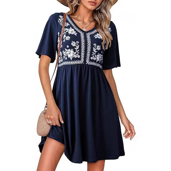 Damen Besticktes Empire-Kleid mit V-Ausschnitt, Kurzärmeln und ausgestelltem Rock Drune