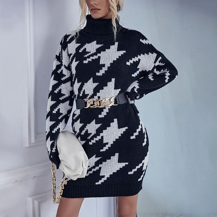 Damen Strick-Minikleid mit Hahnentritt-Jacquard, Rollkragen und taillenbetonter Gürteloptik Drune