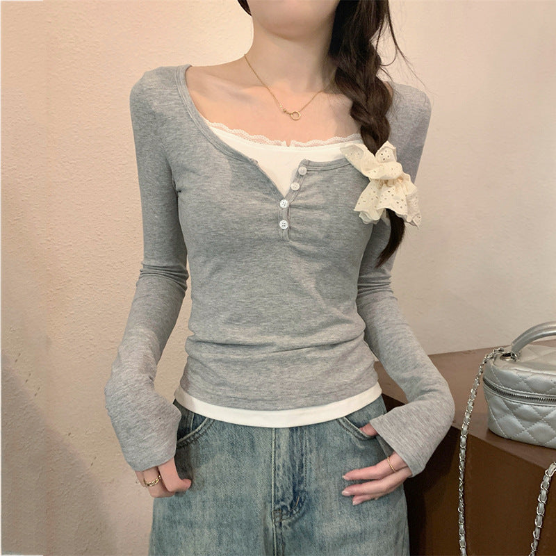 Damen Langarmshirt mit modischem Knopfverschluss und Schleifendetail Drune