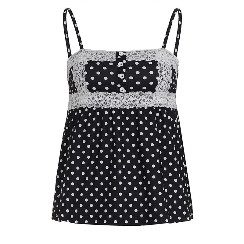 Damen Spaghetti-Trägertop mit süßem Spitzenbesatz und Polka-Dots Drune