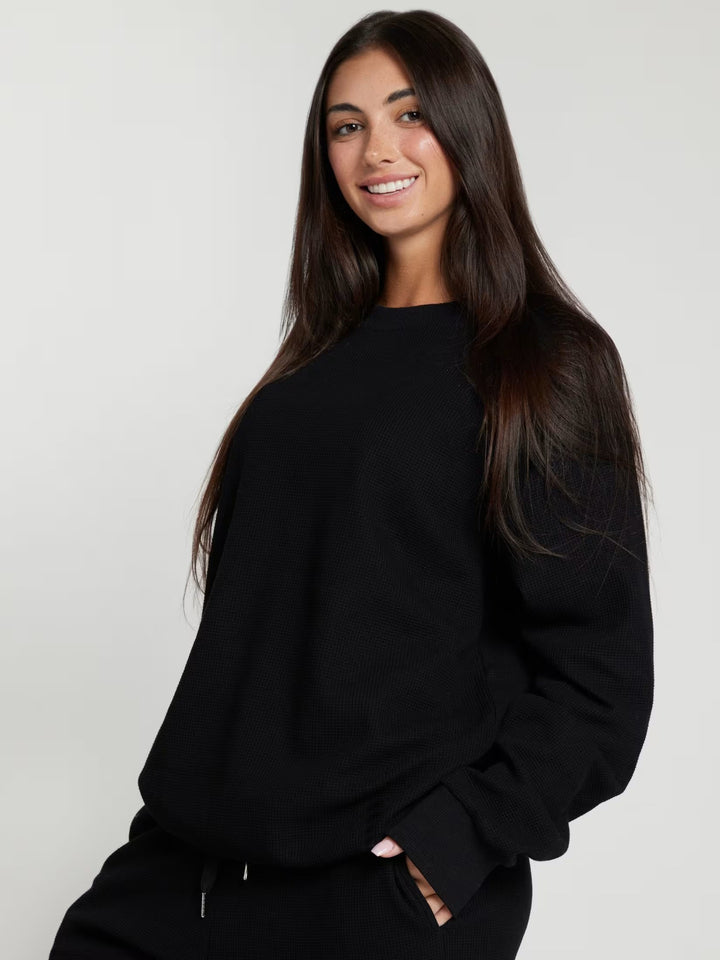 Damen geräumiges Waffelstrick-Loungewear-Set mit Rundhalsausschnitt und Tunnelzughose Drune