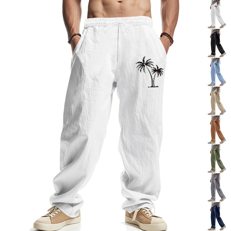 Herren Leichte Leinenoptik-Freizeithose mit elastischem Bund, Kordelzug & Palmen‑Stickerei Drune