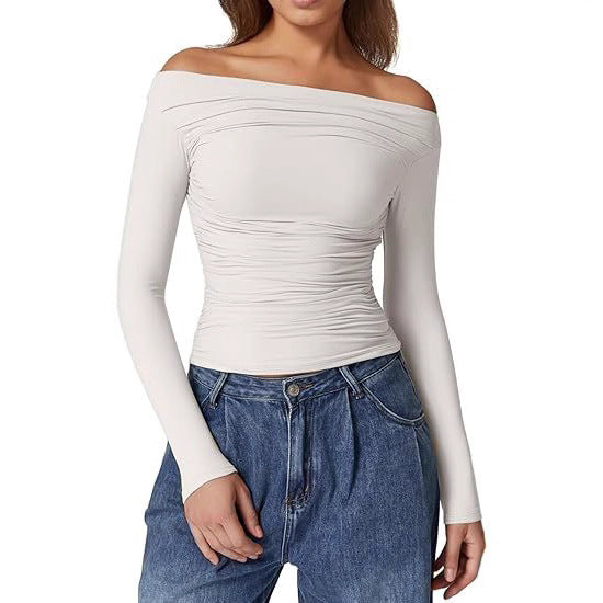 Damen Schulterfreies tailliertes Stretch-Longsleeve mit Raffung und figurbetonter Silhouette Drune