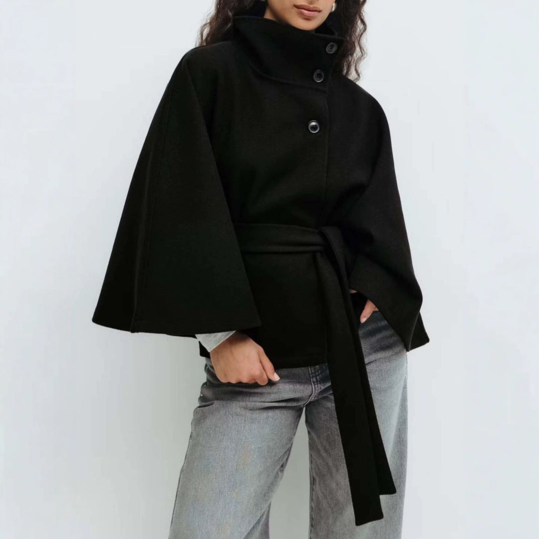 Damen Kurzcape-Mantel mit Stehkragen, Oversize-Ärmeln und Bindegürtel Drune