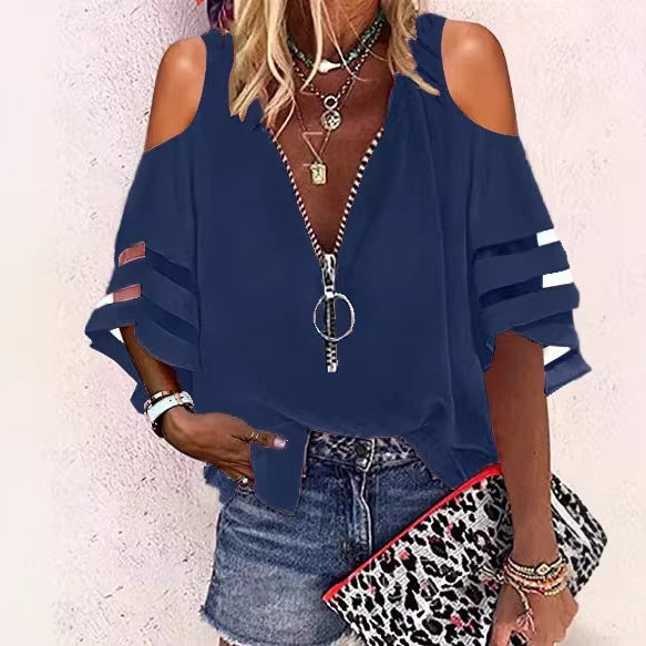 Damen V‑Ausschnitt Bluse mit dekorativem Ringreißverschluss und Cut-Out-Ärmeln Drune