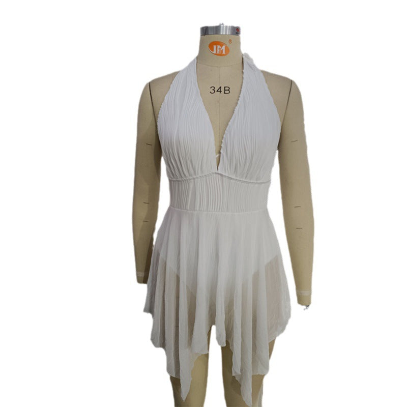 Damen Eleganter Wickel-Badeanzug mit tiefem V-Ausschnitt und Chiffonrock Drune