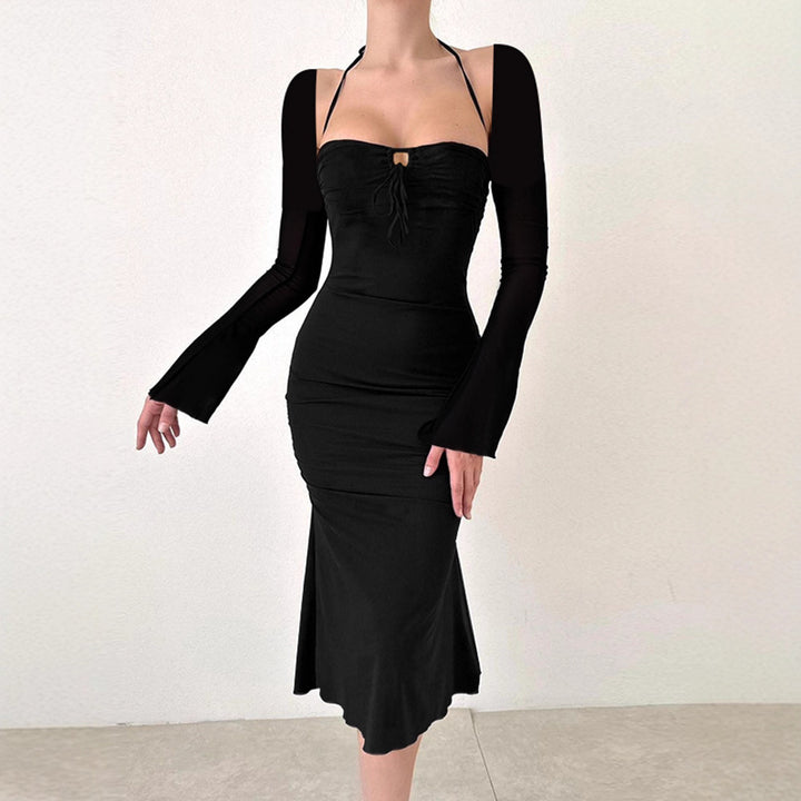 Damen Elegantes Figurbetontes Kleid mit schmalen Trägern und Flügelärmeln Drune