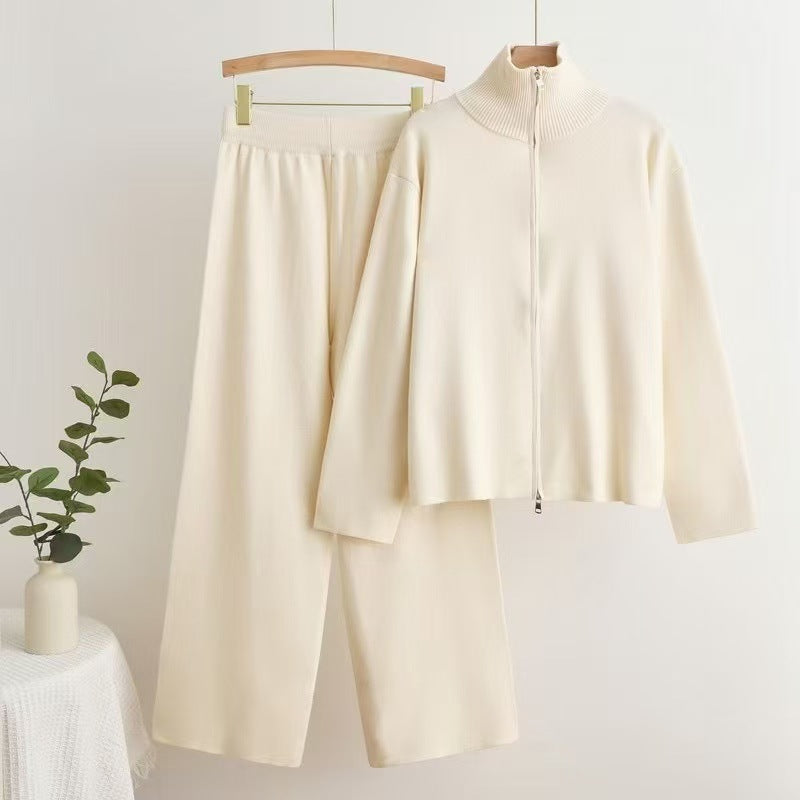 Damen gemütliches Strick-Loungewear-Set mit hohem Kragen Drune