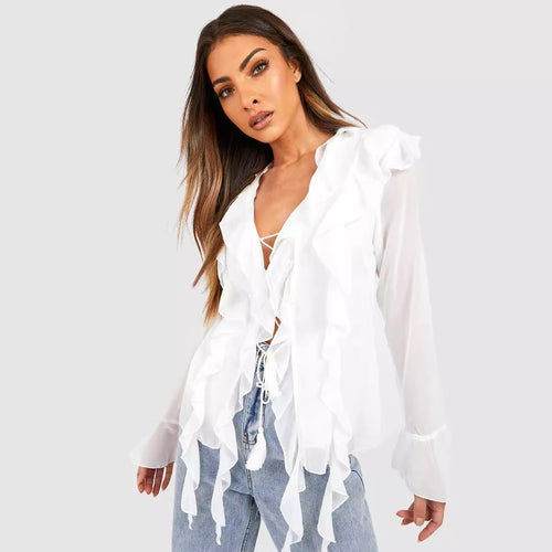 Damen Rüschenshirt mit eleganten Schnürdetails und transparenten Ärmeln Drune