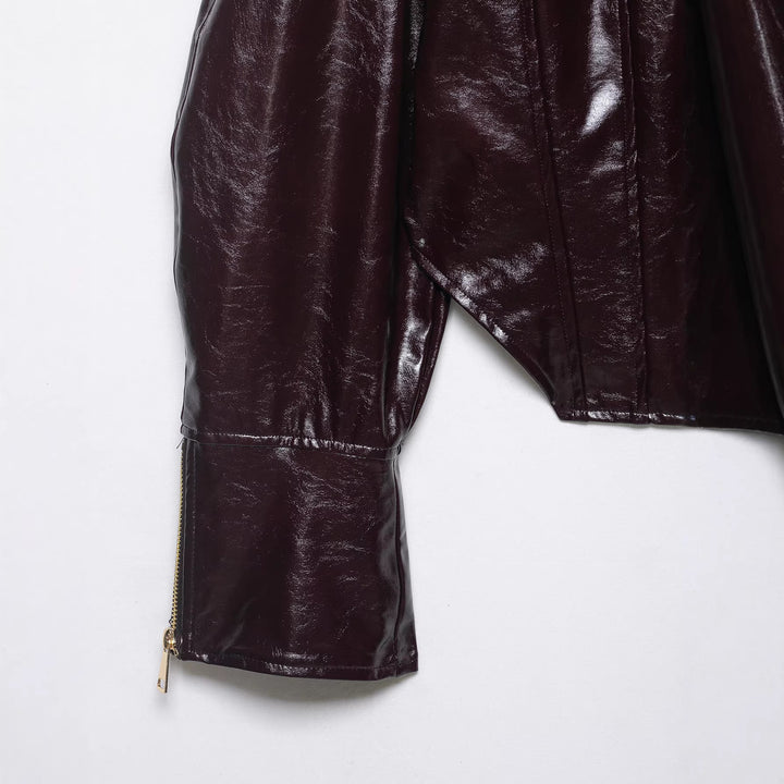 Damen Glänzende Cropped Bikerjacke in Lackoptik mit Schulterklappen und Zip-Ärmeln Drune