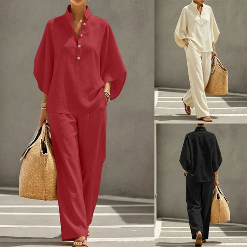 Damen Lässiges Zweiteiler‑Set mit Stehkragen‑Henleytop und weitem High‑Waist Palazzo‑Hose Drune