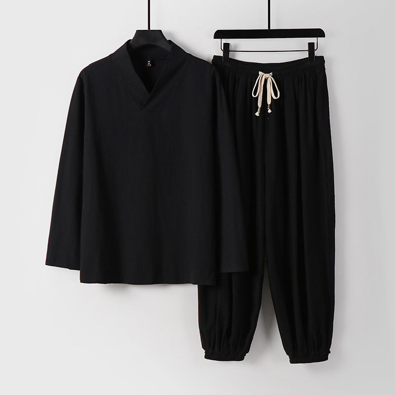 Herren Lockeres Leinen-Loungewear-Set mit V-Ausschnitt elastischem Bund und gerafften Knöcheln Drune