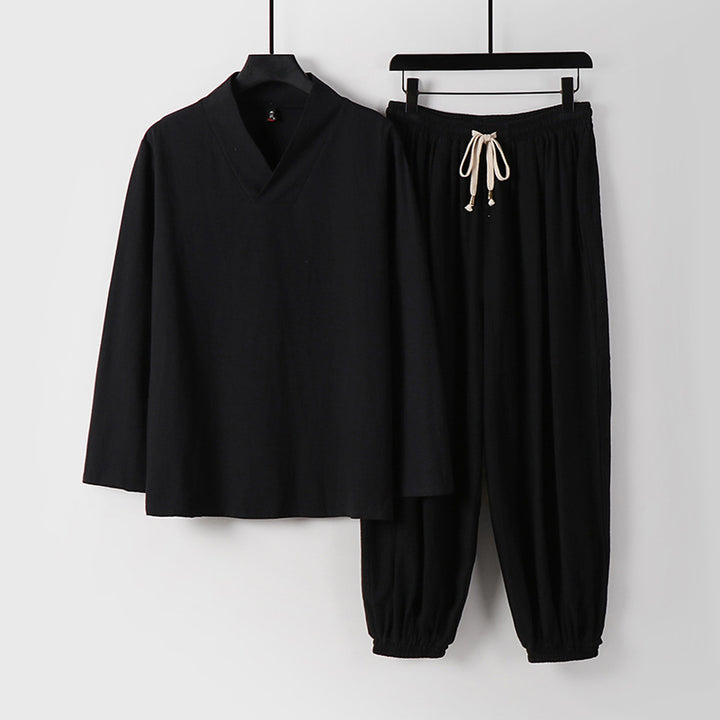 Herren Lockeres Leinen-Loungewear-Set mit V-Ausschnitt elastischem Bund und gerafften Knöcheln Drune