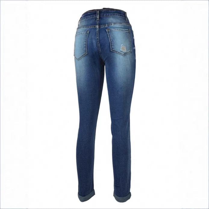 Damen Cropped Slim-Fit Denimhose mit mittelhohem Bund, Cuffed‑Saum und dezenter Used‑Optik Drune