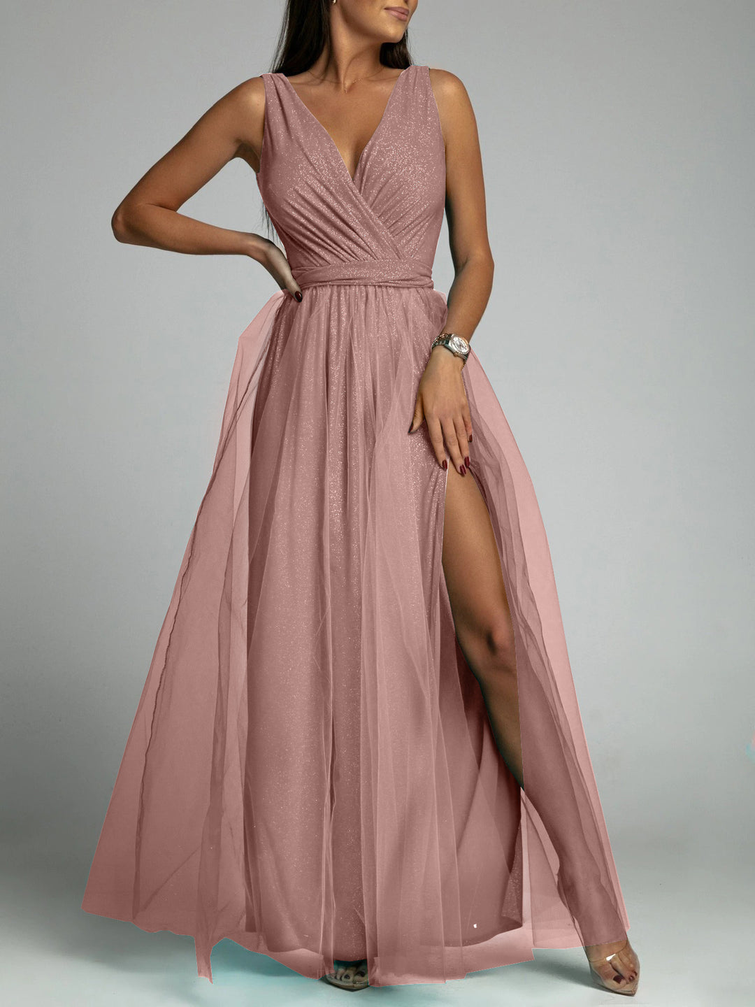 Damen Maxiabendkleid mit verführerischem Schlitz und funkelndem Obermaterial Drune