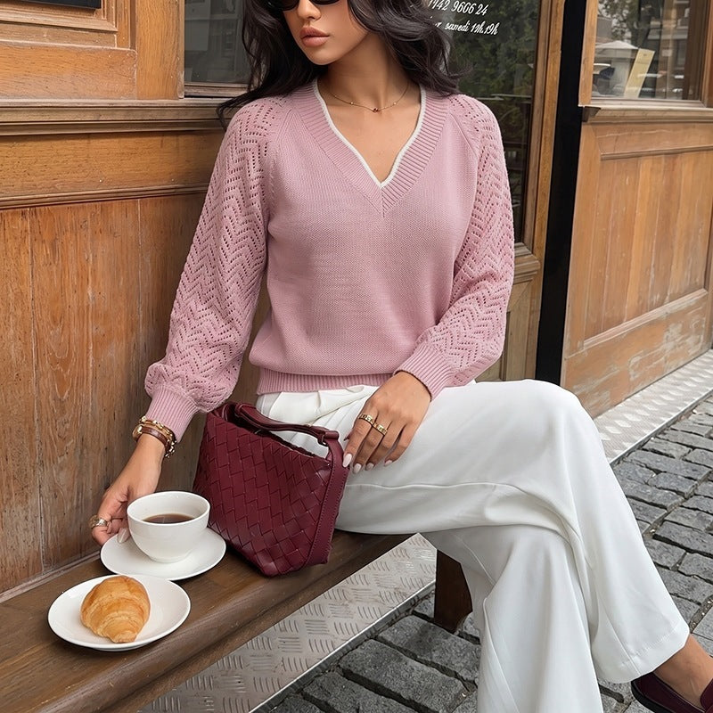 Damen V-Ausschnitt Strickpullover mit Jacquard-Muster Drune