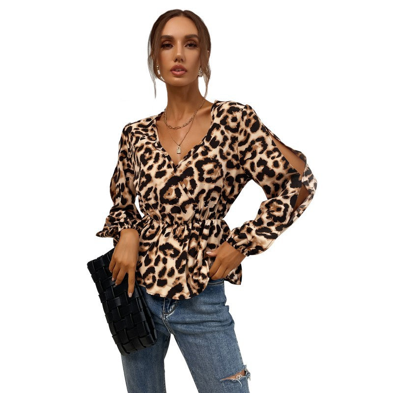 Damen Satin-Bluse mit Wickelkragen, Gummizug-Taille und Balloonärmeln Drune