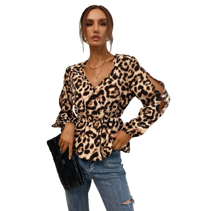 Damen Satin-Bluse mit Wickelkragen, Gummizug-Taille und Balloonärmeln Drune