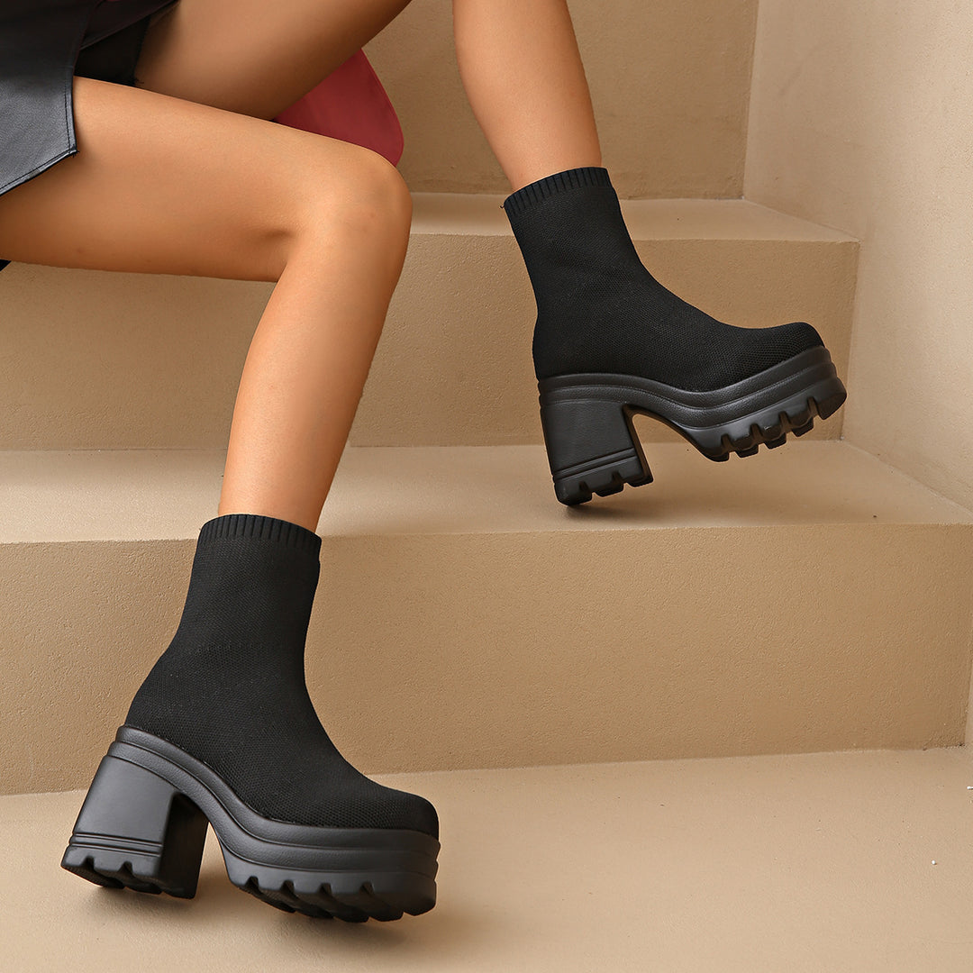 Damen Chunky Stiefeletten mit hohem Absatz und flexiblem Strickdesign Drune