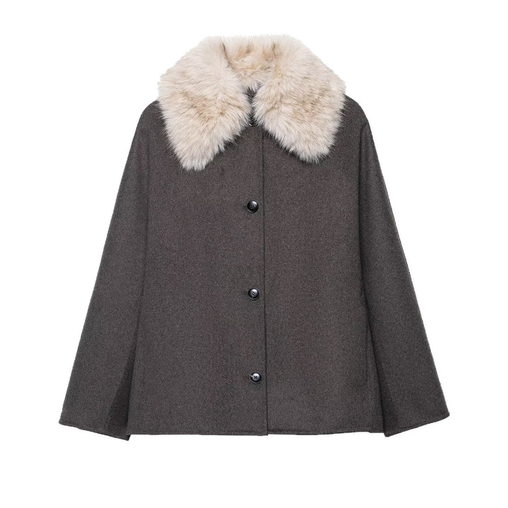 Damen Woll-Cape mit abnehmbarem Kunstfellkragen und verdeckter Knopfleiste Drune