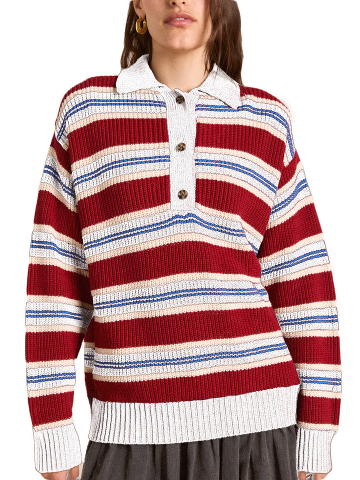 Damen Oversize Strickpullover mit Polokragen & mehrlagigem Streifenrelief Drune