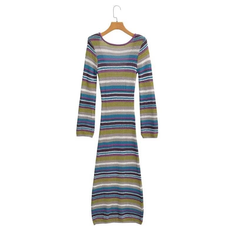 Damen Gestreiftes Rippstrick-Maxikleid mit Rundhalsausschnitt und figurbetonter Silhouette Drune