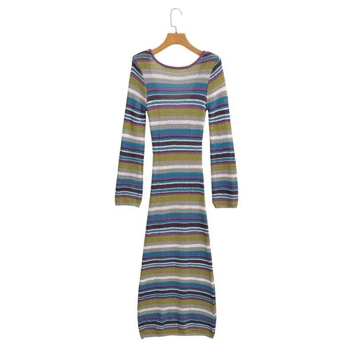 Damen Gestreiftes Rippstrick-Maxikleid mit Rundhalsausschnitt und figurbetonter Silhouette Drune