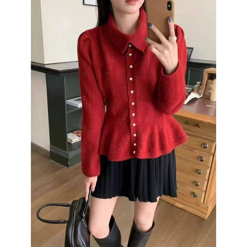Damen Peplum-Oberteil aus weichem Strick mit eleganten Knöpfen Drune