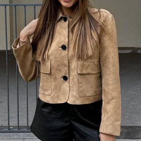 Damen modische Wildlederjacke mit praktischen Taschen Drune