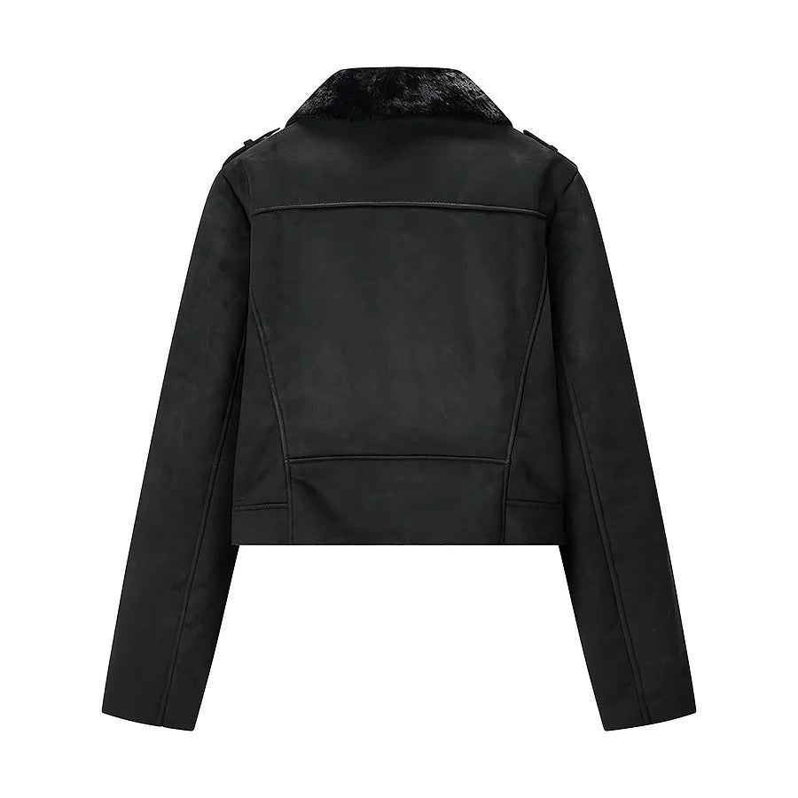 Damen nan kurze Bikerjacke aus Veloursimitat mit Teddyfutter und asymmetrischer Metall-Reißverschluss Drune