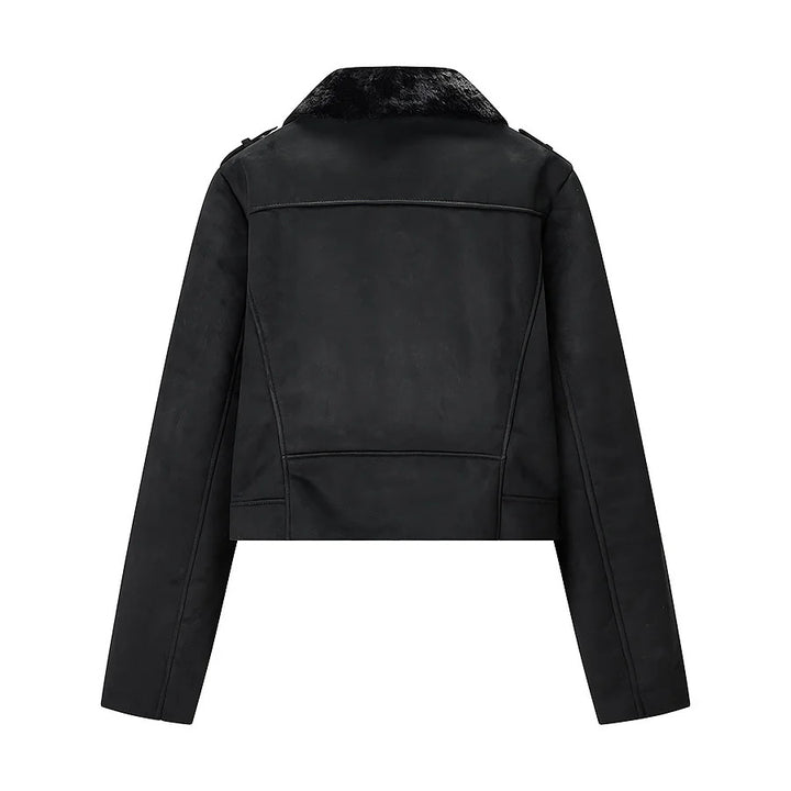 Damen nan kurze Bikerjacke aus Veloursimitat mit Teddyfutter und asymmetrischer Metall-Reißverschluss Drune