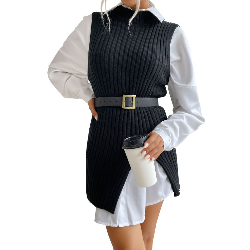 Damen Gerippte Strick‑Tunika mit Stehkragen, seitlichen Schlitzen und figurbetonter Silhouette Drune
