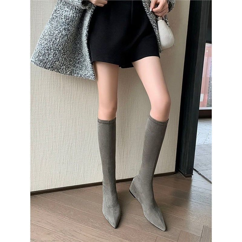 Damen knielange Stretch‑Stiefel mit spitzer Zehenform und niedrigem Keilabsatz Drune