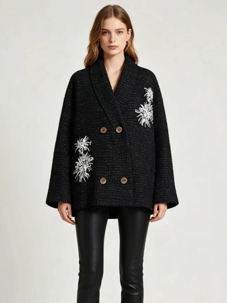 Damen Oversize-Bouclé-Manteljacke mit Schalkragen und floraler Stickerei Drune