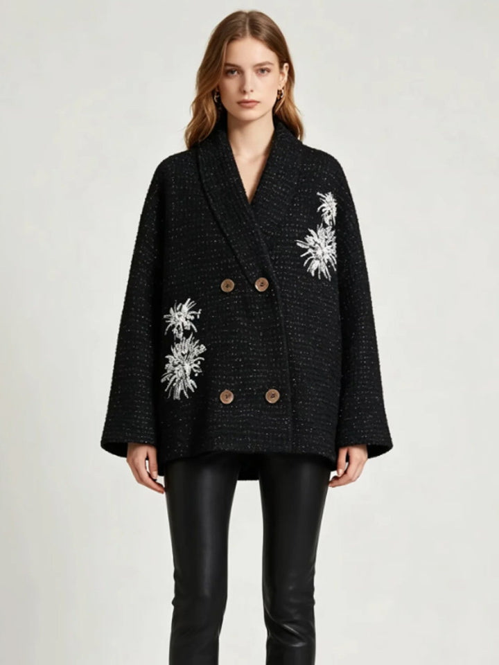 Damen Oversize-Bouclé-Manteljacke mit Schalkragen und floraler Stickerei Drune