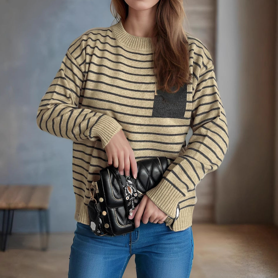 Damen lässiger Strickpullover mit breitem Streifenmuster und überschnittenen Schultern Drune