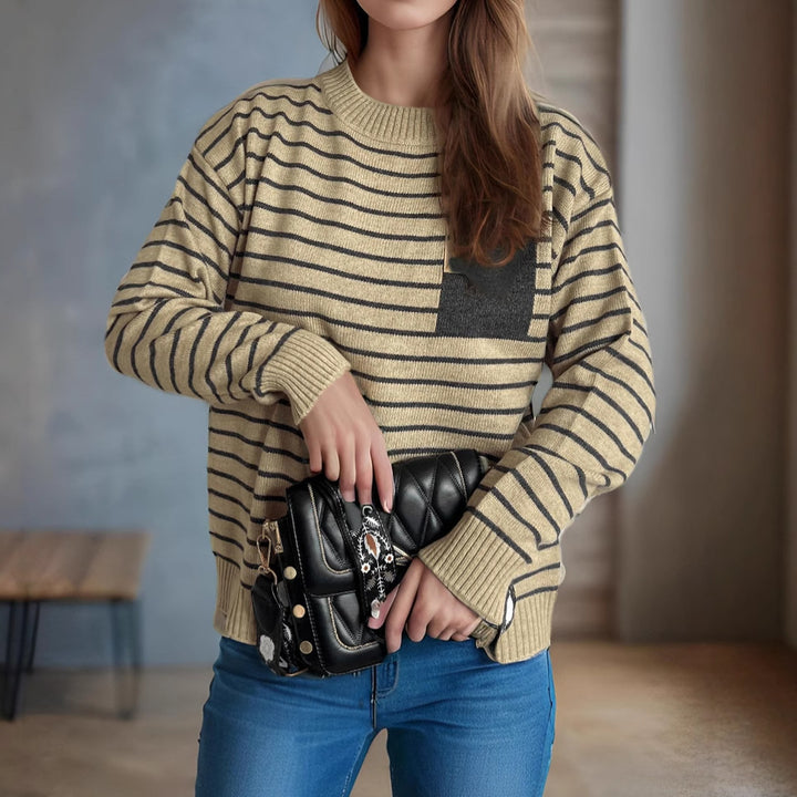 Damen lässiger Strickpullover mit breitem Streifenmuster und überschnittenen Schultern Drune