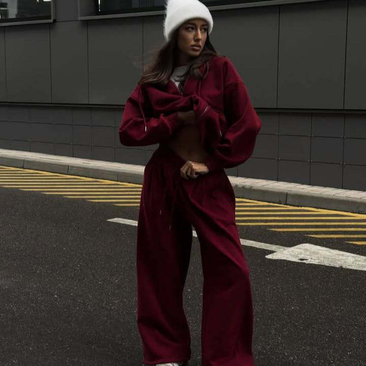Damen oversized Kapuzenjacke mit Reißverschluss und weiten Jogginghose Lounge-Set Drune