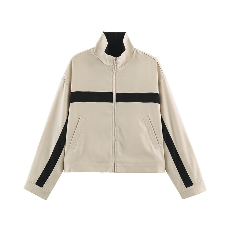 Unisex Kurz geschnittene Trackjacke mit Stehkragen, Kontraststreifen und Reißverschluss Drune