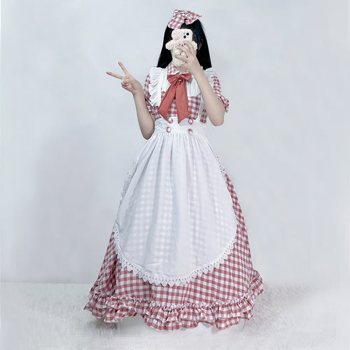 Damen nan vintage-inspiriertes Lolita-Kleid mit Karomuster Volants und abnehmbarer Schürze Drune