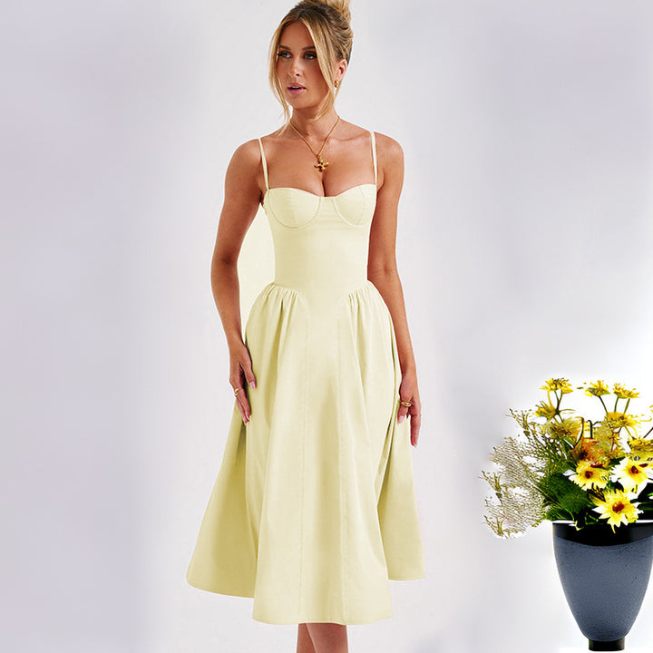 Damen Midikleid mit tailliertem Oberteil und fließendem Rock Drune