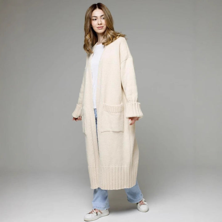 Damen bequemer langer Strickcardigan mit Taschen und breiten Ärmeln Drune