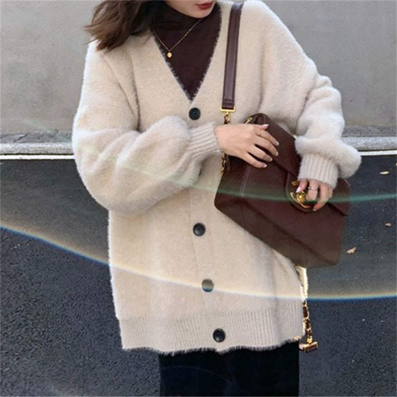 Damen Flauschiger Strickcardigan mit V-Ausschnitt und praktischen Knöpfen Drune