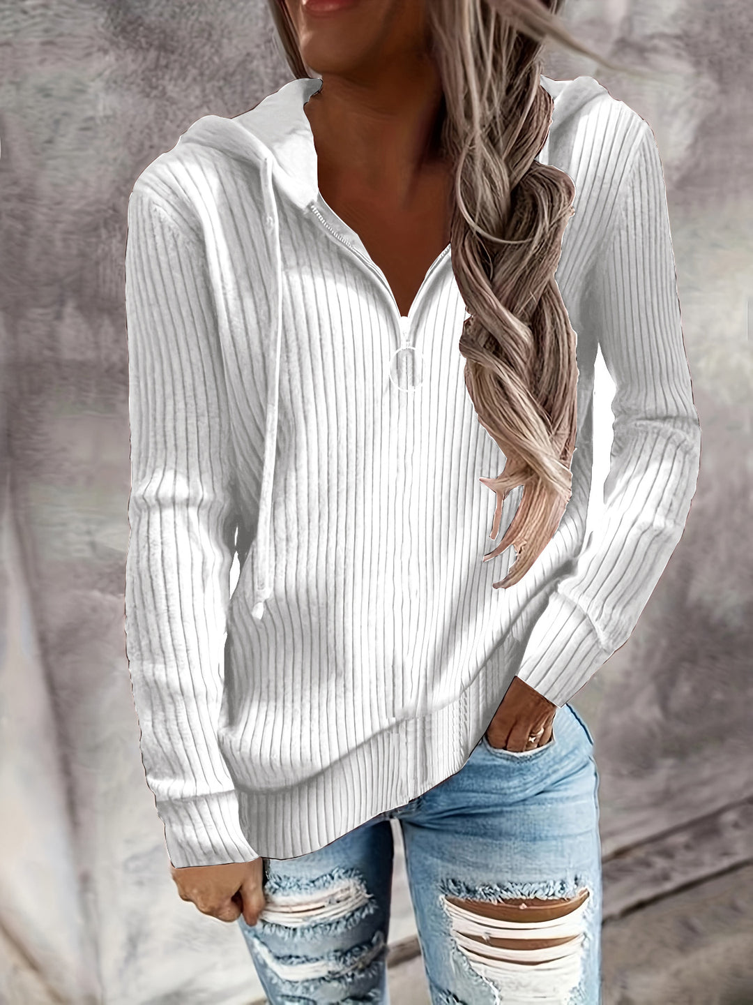Damen Lässiger Rippstrick-Hoodie mit halbhohem Reißverschluss und Ringzipper Drune