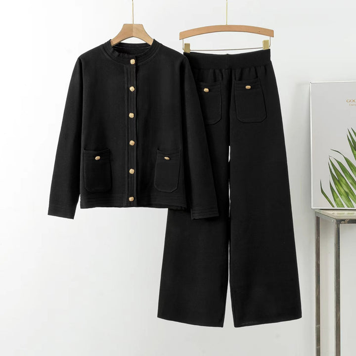 Damen gemütliches Strick-Loungewear-Set mit Knopfdetaillierung und aufgesetzten Taschen Drune